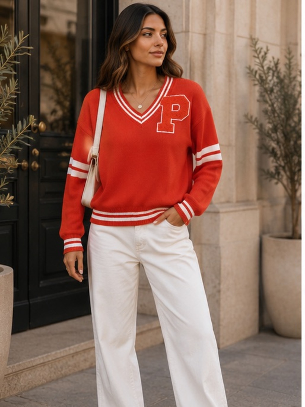 ShopEvelynne Red V-Neck Varsity Sweater with White Stripes and 'P' Patch - Picture 2 of 3